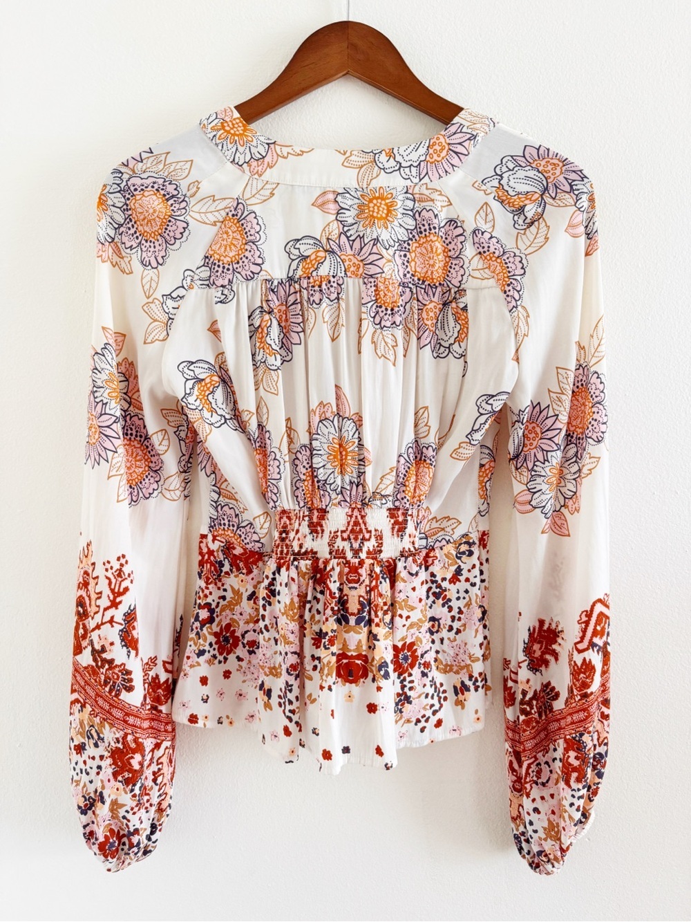 Free People Ivory Floral Tie-Front Blouse with Orange, Pink, & Blue Accents XS - Picture 4 of 4
